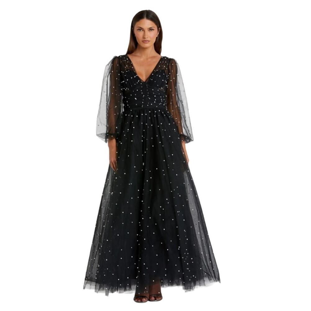 Mac Duggal Black Long Sheer Sleeve Draped Pearl Beaded Gown, Sz 12, NWT